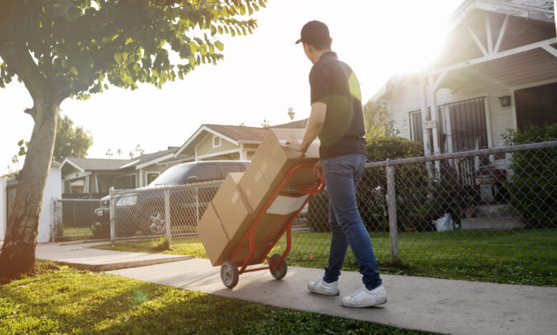 delivery-person-getting-parcel-out-delivery - مرينا لتجارة اثاث مستعمل